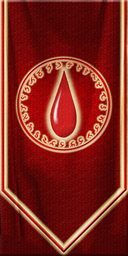 The Radiant Blood society banner: a crimson blood drop within a ring of golden runes